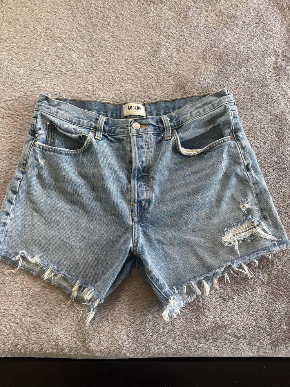 AGOLDE Parker Long- Light Blue Distressed Denim Shorts